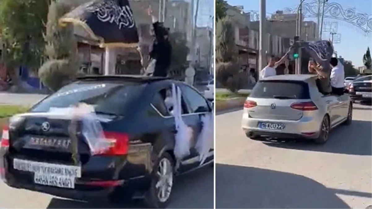 Arapça bayraklı düğün konvoyu! Görüntüleri izleyenler "Bu ne rahatlık" diyor